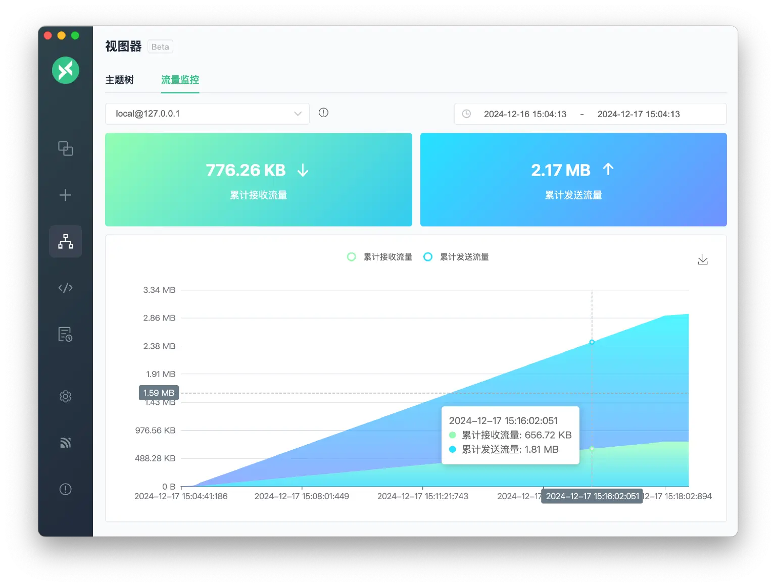 实时速率统计面板，展示上传下载速度